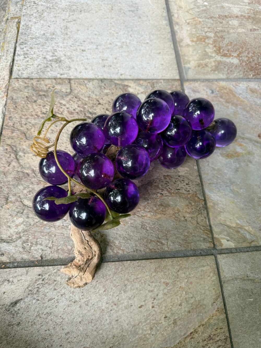 Vintage Large Mid Century Glass Lucite Puple Grape Cluster on Driftwood 12”.